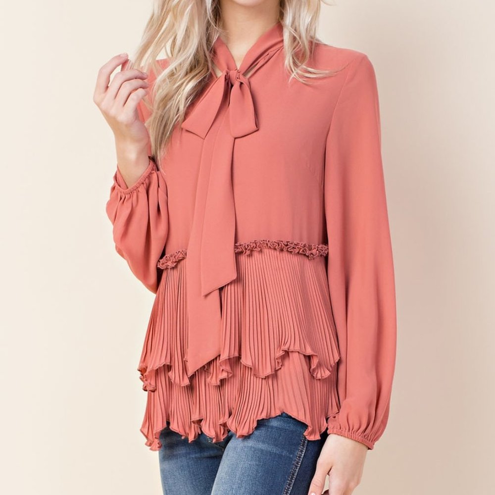 Romantic Ruffled Peplum Neck Tie Blouse.